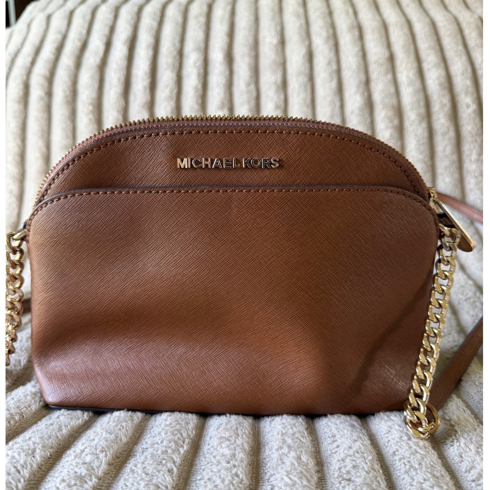 Michael Kors Brown Saffiano Leather Dome Crossbody Bag Gold Hardware